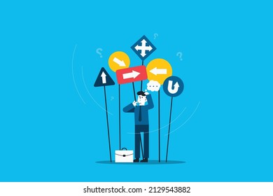 Which way concept, businessman with a lot of different directional sign