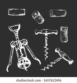 Whie hand-drawn set of corkscrews and plugs, monochrome wine illustration