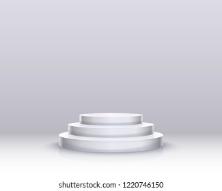 Whie podium. Three steps stage. Vector illustration.