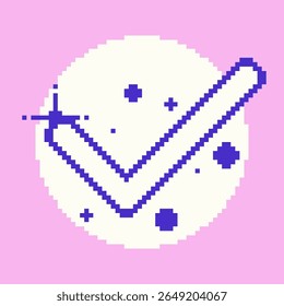 Whie Right Tick Symbol in Purple Outline with Glitter Effect on Pink Background, Pixel Art Symbol