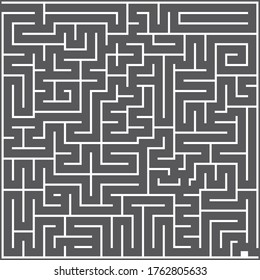 A whie square labyrinth top view on dark gray background. Classic Maze game. Gray maze for Your business project. Two exit labyrinth. Vector Illustration