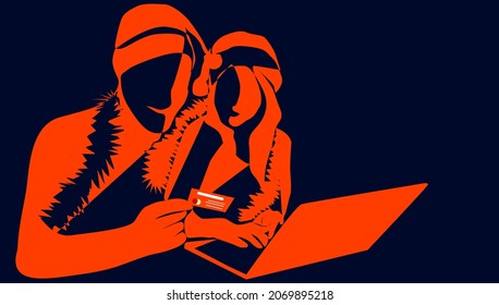 While celebrating New Year's, lovers are shopping online with their credit cards. christmas discounts family shopping concept
