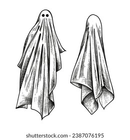 While ghost Hand Drawn Engraving Pen and Ink Vintage Vector illustration