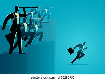 While group of businessmen are still observing, there is one businessman who has taken action, business concept vector illustration