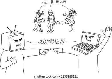 Mientras la guerra de la información se llama a los demás zombis. Los medios masivos son parte de la guerra de información, arma de la política. Caricatura de monolina vectorial.
