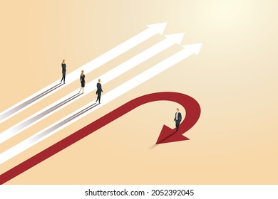 While other entrepreneurs walk on arrows, a businessman redirects in the opposite way. Different business routes and the idea of redirection.  isometric vector illustration.