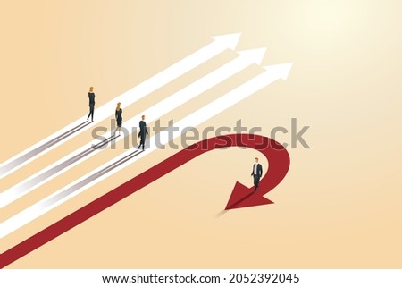 While other entrepreneurs walk on arrows, a businessman redirects in the opposite way. Different business routes and the idea of redirection.  isometric vector illustration.