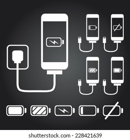 While smart phone charge icons with battery indicator level, simple shape power charging flat design infographics vector, app web button ui interface element isolated on black background