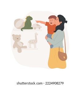 Whims in a shop isolated cartoon vector illustration. Mom carries crying toddler, kid pointing at a storefront, shopping mall, child whims, wanting a toy, together in the shop vector cartoon.