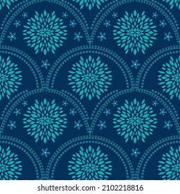 whimscial, cute scallop flower with loopy florals in a monochrome color seamless repeat background pattern 