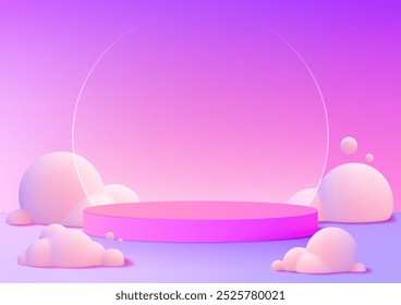 A whimsical 3D podium set in a pink and purple gradient scene with soft, cloud-like shapes. The dreamy, ethereal atmosphere is perfect for showcasing products in a creative, fantasy-themed setting.