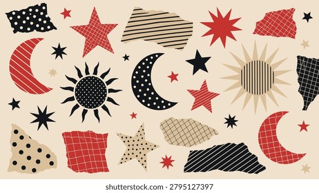 A whimsical and abstract arrangement of celestial bodies and torn paper elements in a vintage color palette, creating a unique graphic design