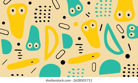 Whimsical abstract art with dotted eyes, fun shapes, and vibrant yellow on beige. Perfect for childrens content.