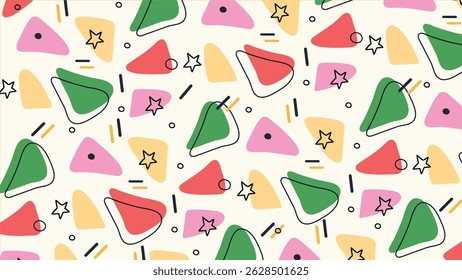 Illustration abstraite fantaisiste avec des formes triangulaires vertes, roses, rouges et jaunes, des gribouillages dessinés à la main et des traits expressifs sur fond crème.