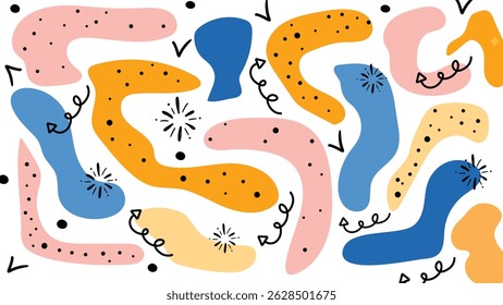 Whimsical abstract curves in yellow, pink, and blue with dotted details and black spiral lines. Expressive and dynamic art on white.