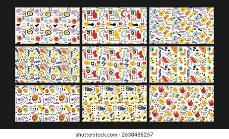 Whimsical abstract design with colorful cartoon style elements and smiling icons. Ideal for kids projects, backdrops, and contemporary artwork.