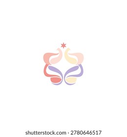 A whimsical abstract design featuring swirling pastel shapes that suggest birds in flight, centered around a small star. Clean white background.