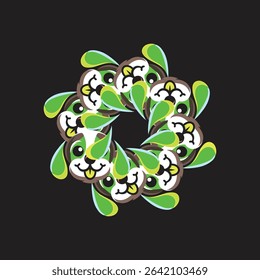 A whimsical abstract digital art piece featuring a symmetrical circular arrangement of cute cartoon dog faces with green ears and pink tongues on a black background,