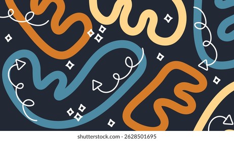 Whimsical abstract forms with arrows and looped shapes in orange, peach, and yellow tones. Playful movement over black background.