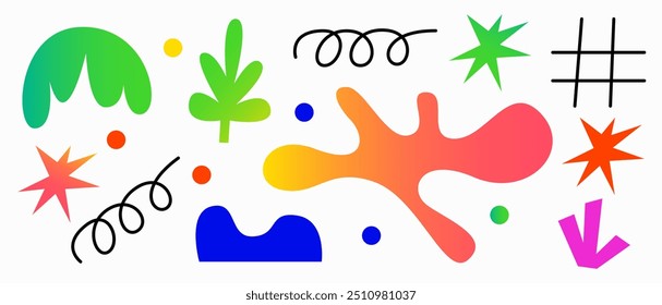 Whimsical abstract geometric shapes and textured organic shapes. Modern contemporary fluid abstract organic textured shapes, various organic shapes and doodles. Flat vector illustration.