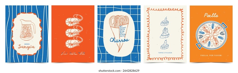 Whimsical abstract Mediterranean poster set with trendy hand drawn doodle elements. Traditional Spanish Food with Seafood. Line art for wall decor, branding, ads, print, card, cover, menu design