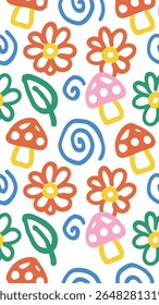 A whimsical, abstract pattern featuring colorful, hand-drawn elements like flowers, mushrooms, leaves, and swirls on a white background. playful design evokes a sense of nature and childlike wonder.
