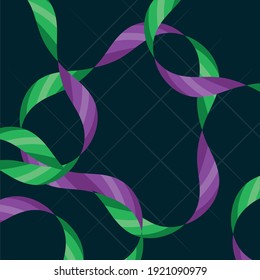 Whimsical abstract pattern with line waves for scarf. Ornament with green and violet ribbons on navy background.Colourful backdrop for pillow case, linen,fabric, covers, scrapbooking, decoupage.Vector