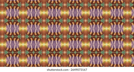 Whimsical abstract pattern with warm brown, purple, and green tones arranged in mirrored organic forms. Great for playful or bohemian designs.