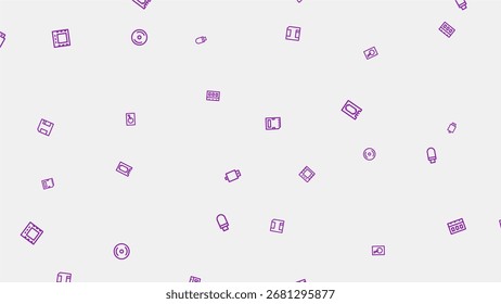 A whimsical and abstract seamless pattern featuring hand-drawn purple geometric shapes and organic elements scattered across a clean white background, perfect for creative design projects.