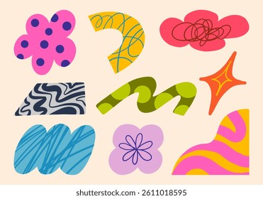 Whimsical Abstract Shape and Pattern. A collection of 9 playful abstract shapes featuring bold patterns swirls stripes and decorative textures perfect for modern graphic design and creative visuals