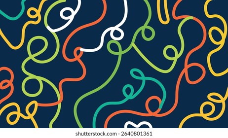 Whimsical and abstract squiggle design in white, red, navy, yellow, teal, and orange on lime green. Fun and modern composition for playful design use.