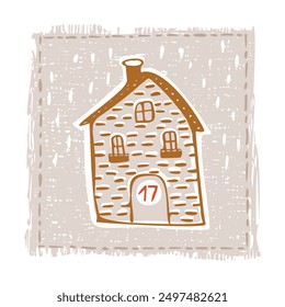 Whimsical Advent Calendar cottage door with numbers for december festive Christmas countdown . Winter holiday social media promotion campaign festive sales and cute hand drawn festive home card design