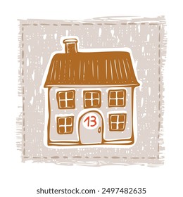 Whimsical Advent Calendar cottage door with numbers for december festive Christmas countdown . Winter holiday social media promotion campaign festive sales and cute hand drawn festive home card design