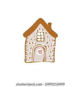 Whimsical Advent Calendar cottage door with numbers for december festive Christmas countdown. Winter holiday social media promotion campaign, festive sales and cute hand drawn festive home card design