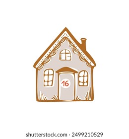 Whimsical Advent Calendar cottage door with numbers for december festive Christmas countdown. Winter holiday social media promotion campaign, festive sales and cute hand drawn festive home card design