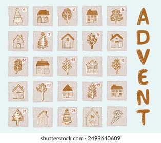 Whimsical Advent Calendar cottage door set with 1- 24 numbers for december festive Christmas countdown . Winter holiday social media promotion campaign motif collection.