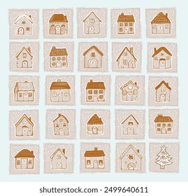 Whimsical Advent Calendar cottage door set with 1- 24 numbers for december festive Christmas countdown . Winter holiday social media promotion campaign motif collection.