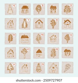 Whimsical Advent Calendar cottage door set with 1- 24 numbers for december festive Christmas countdown . Winter holiday social media promotion campaign motif collection.