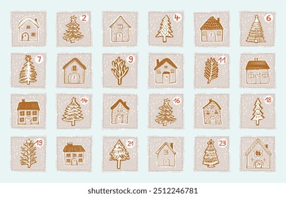 Whimsical Advent Calendar cottage door set with 1- 24 numbers for december festive Christmas countdown . Winter holiday social media promotion campaign motif collection.