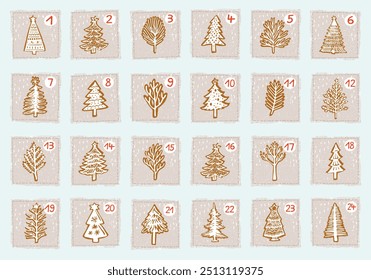 Whimsical Advent Calendar cottage door set with 1- 24 numbers for december festive Christmas countdown . Winter holiday social media promotion campaign motif collection.