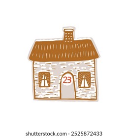 Whimsical Advent Calendar cottage door with numbers for december festive Christmas countdown. Winter holiday social media promotion campaign, festive sales and cute hand drawn festive home card design