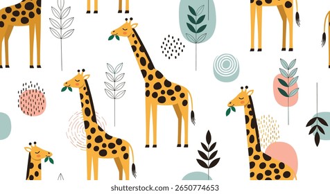 Whimsical african savannah giraffes in a playful forest pattern