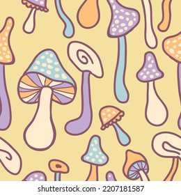Whimsical agaric mushrooms seamless pattern. Perfect print for tee, paper, fabric, textile. Trendy vector illustration for decor and design.

