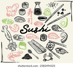 Whimsical, ahnd drawn style sushi set, vector illustration