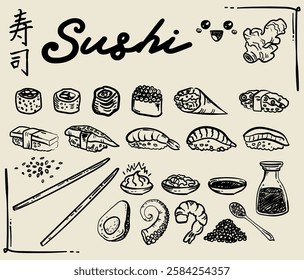 Whimsical, ahnd drawn style sushi set, vector illustration
