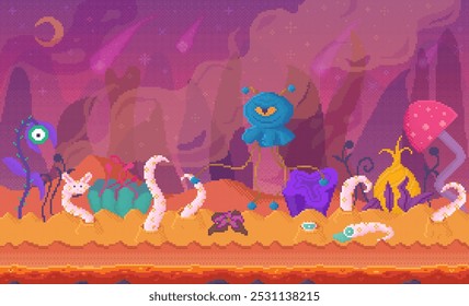 A whimsical, alien environment with colorful, strange plants and creatures under a purple sky filled with comets. Ideal for science fiction, fantasy, video game backgrounds, imaginative stories, kids