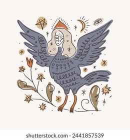 Whimsical alkonost syrin folk slavic mythology bird woman character. Fairytale vector illustration, hand-drawn magic boho esoteric fairy book illustration clipart art