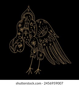 Whimsical alkonost syrin folk slavic mythology bird woman character. Fairytale vector illustration, hand-drawn magic boho esoteric fairy book illustration clipart art