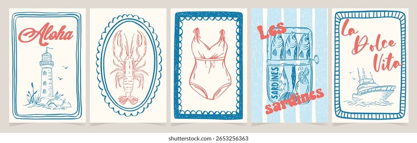 Whimsical Amalfi-inspired illustration with lighthouse,sardines, lobster, and yacht. Vintage Mediterranean swimsuit, sardines, and beach design for cards or decor. Inspired by coastal charm.