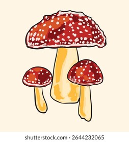 Whimsical Amanita muscaria mushroom illustration in a dreamy, nature-inspired style. Perfect for fantasy themes, botanical prints, and cottagecore designs. Ideal for designers and creators.